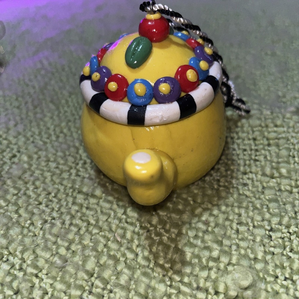 Mary Engelbreit Teapot Ornament Yellow & Multicolor Stamped ME 3" Ribbon Hanger - Picture 6 of 6